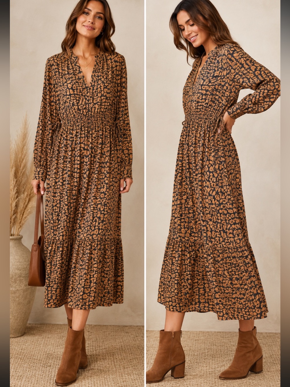 Rails Leopard Animal Print Midi Dress Long Sleeve Tie Waist Flowy Boho Fall